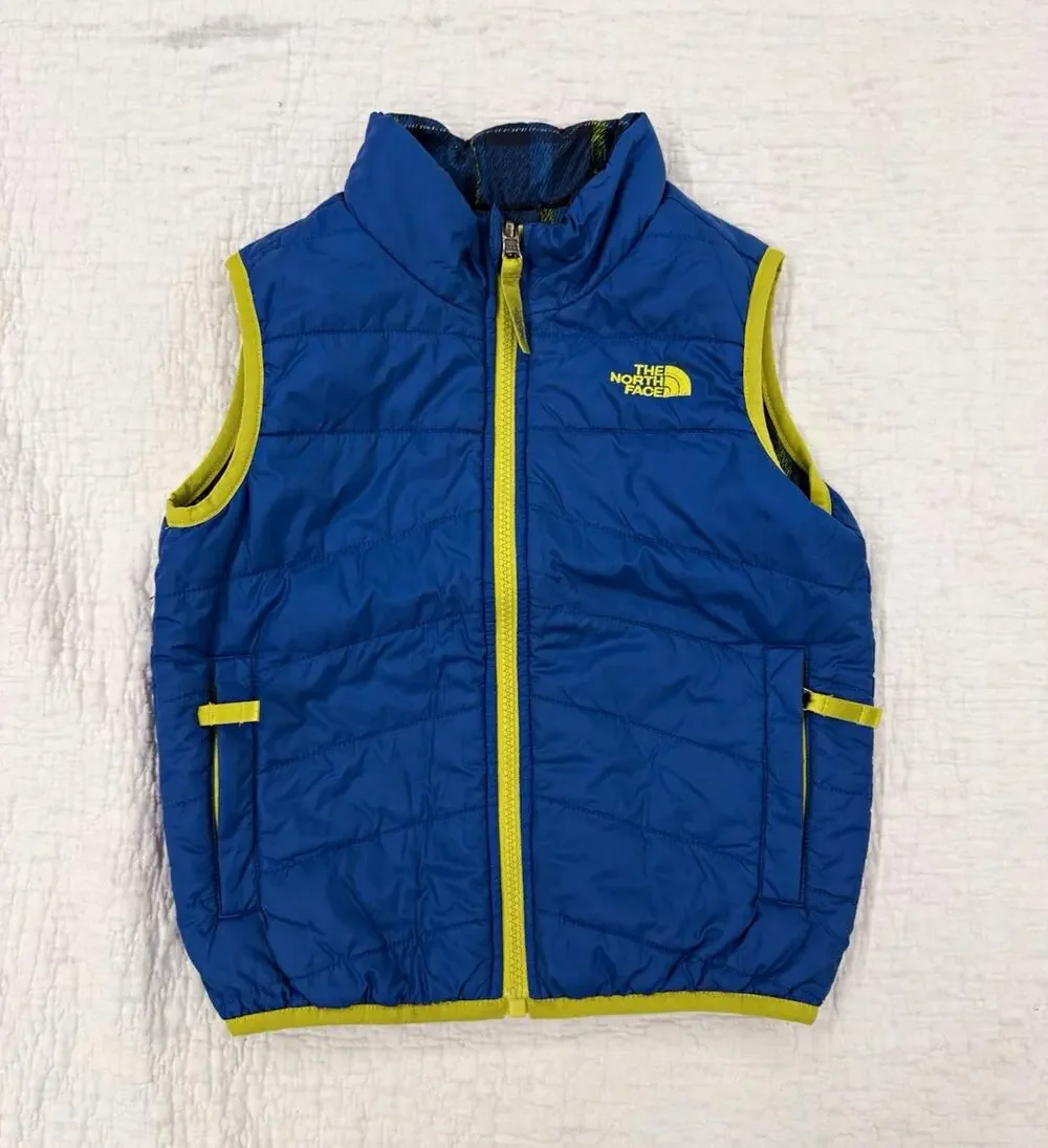The North Face Reversible Full Zip Puffer Vest Plaid Blue Green 4T